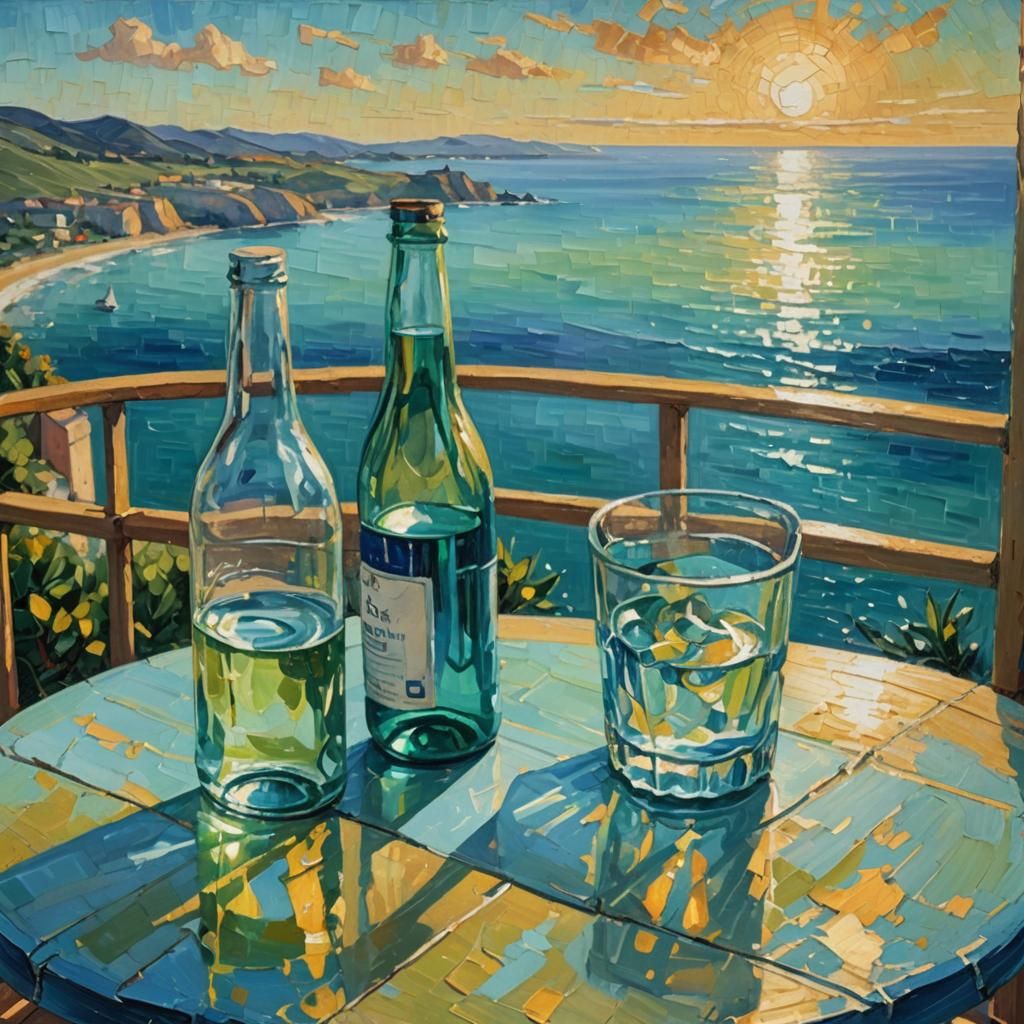 Ocean View Balcony Still Life in Neo-Impressionist Style