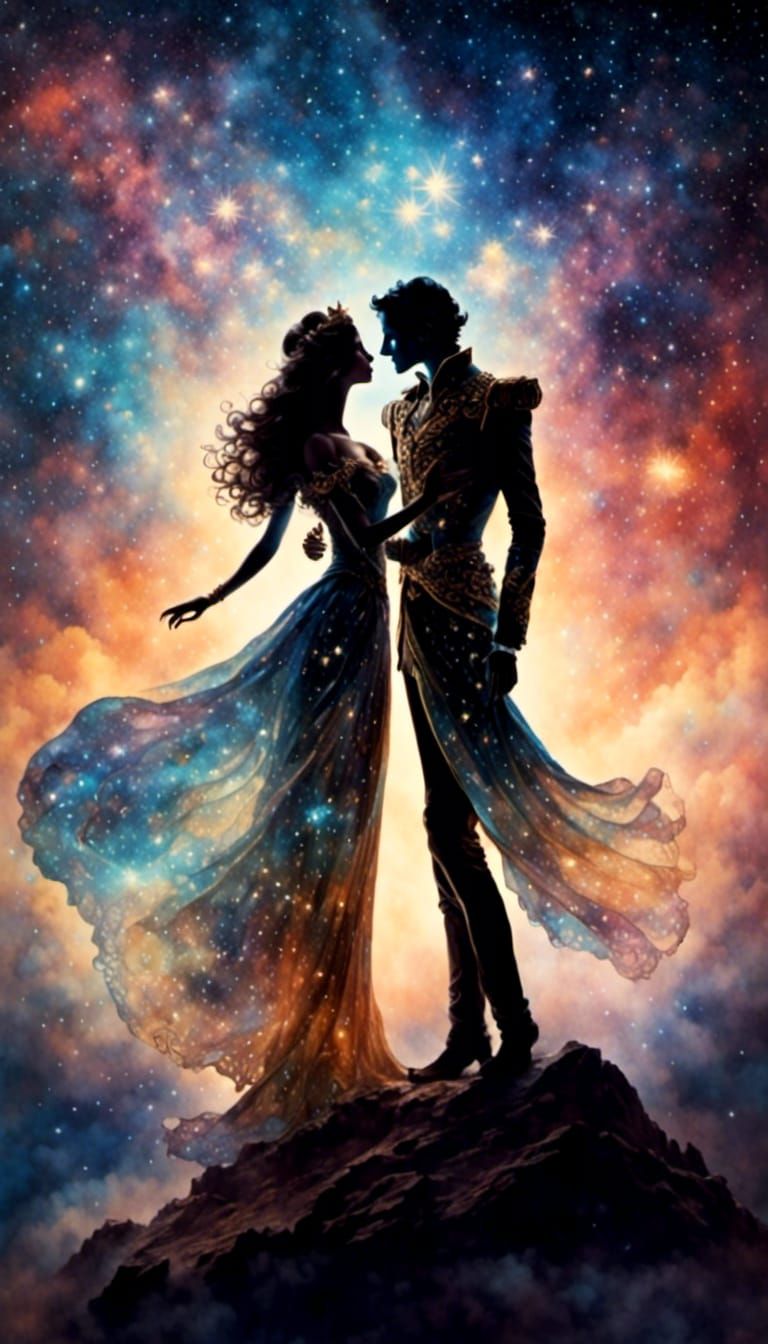Cosmic King and Queen Embrace in Romantic Watercolor