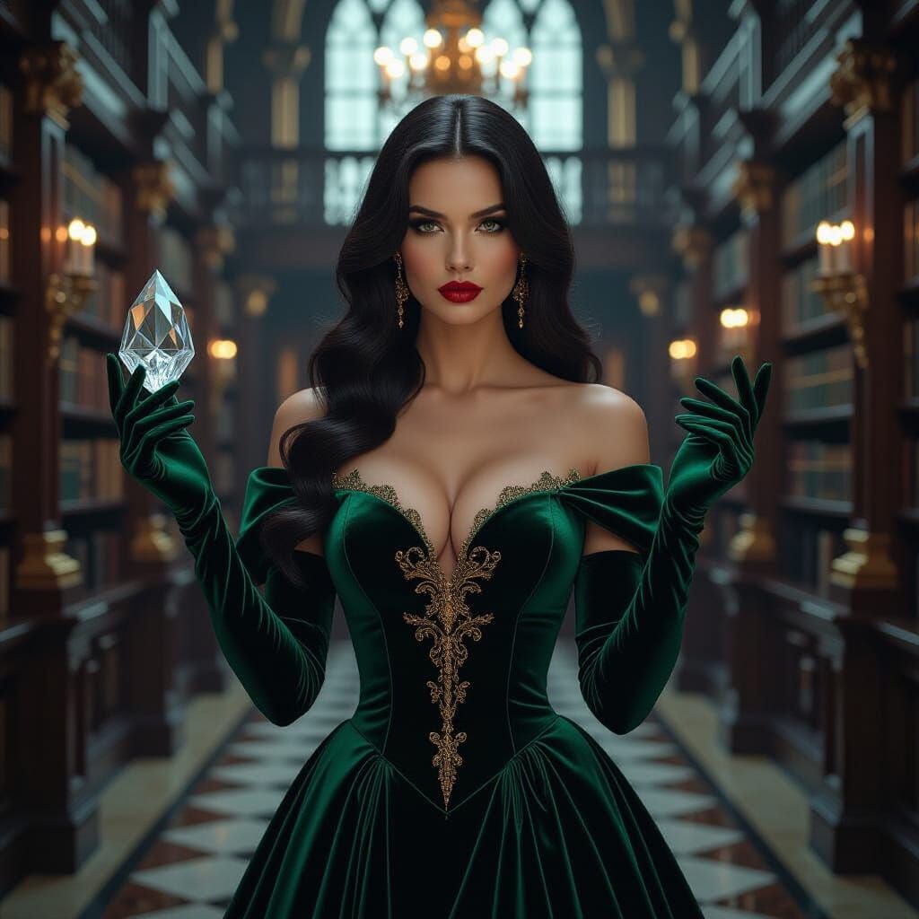 Emerald Gown in Library: A Pre-Raphaelite Vision