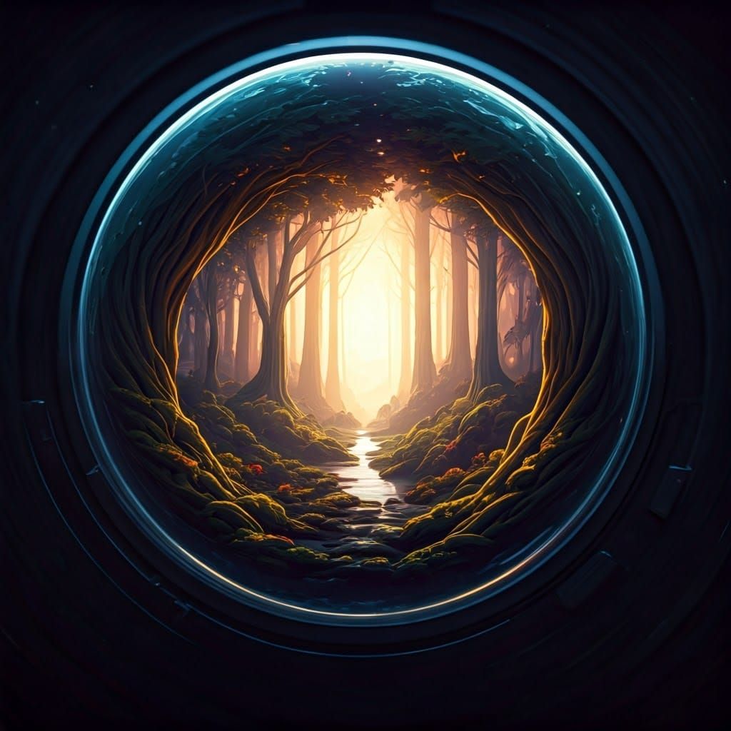 Glowing Forest Inside Telescope Lens: Fantasy Art
