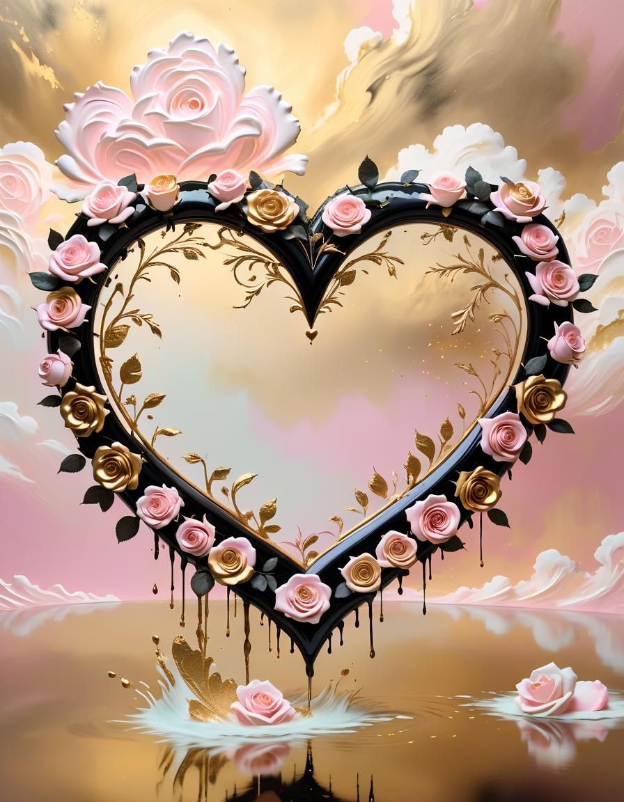 Romantic Heart-Shaped Rose Frame in Pastel and Gold