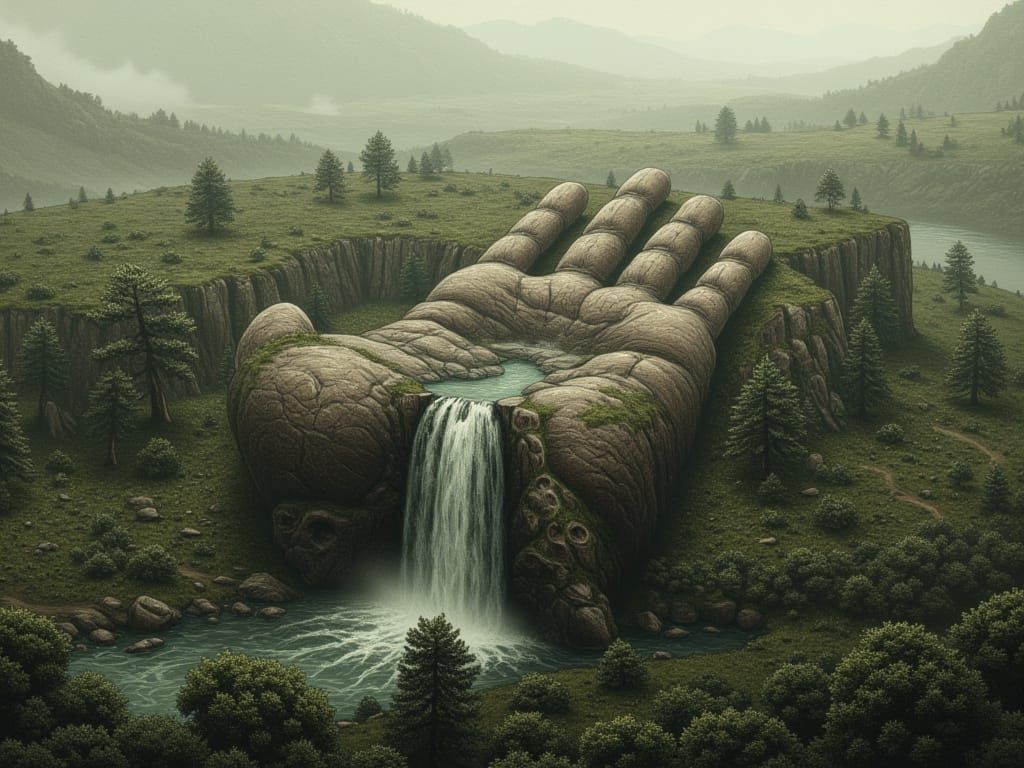 Surreal Dark Fantasy Landscape with Giant Hand