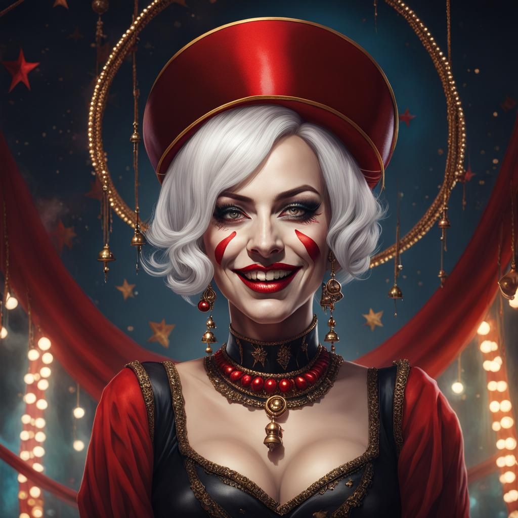 Woman in Circus Costume with Joker Hat, Splash Art