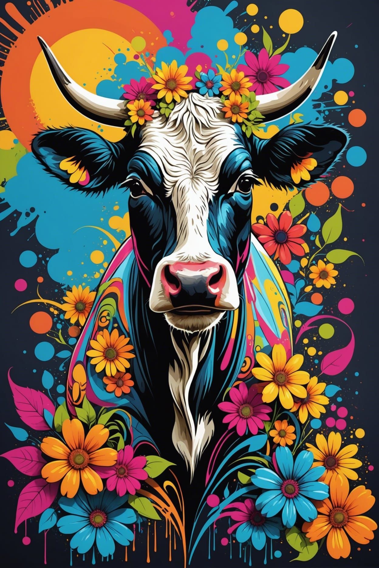 Psychedelic Cow in 70s Graffiti Art Style