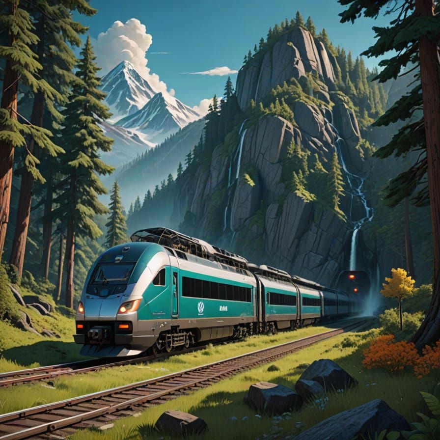 Sleek Silver Train Speeds Through Emerald Mountain Forest in...