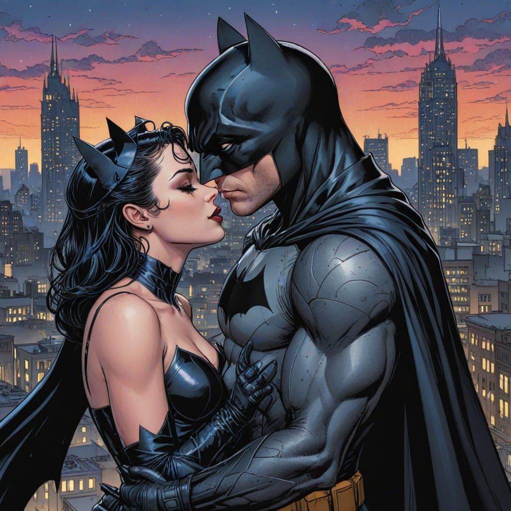 Batman and Cat Woman Share a Passionate Kiss in Gotham City