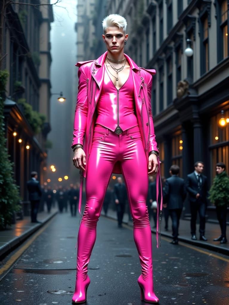 Man in Pink Latex Suit in Dark Urban Setting