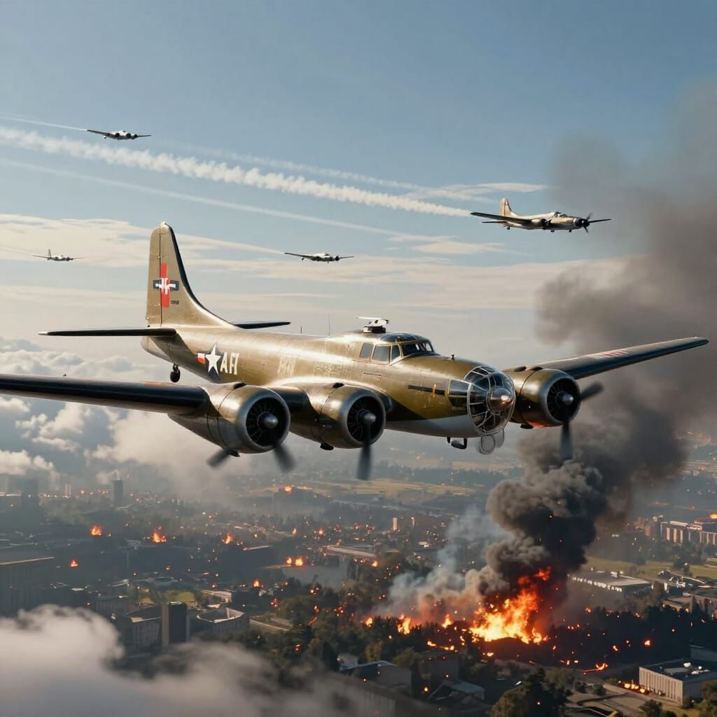 B-17 Bombers Over Flaming City, Realistic War Art