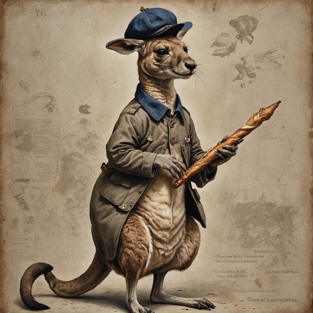 French Kangaroo with Beret and Baguette