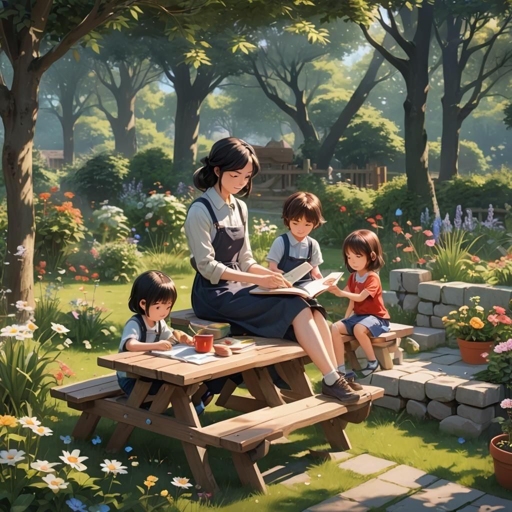 Family Garden Scene in Detailed 3D Anime Style