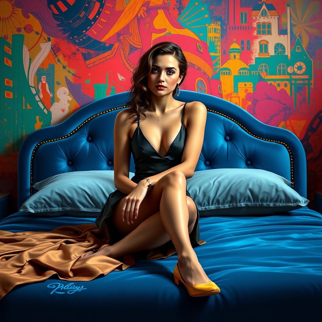 Luxurious Blue Velvet Bed with Intricately Designed Bow Head...