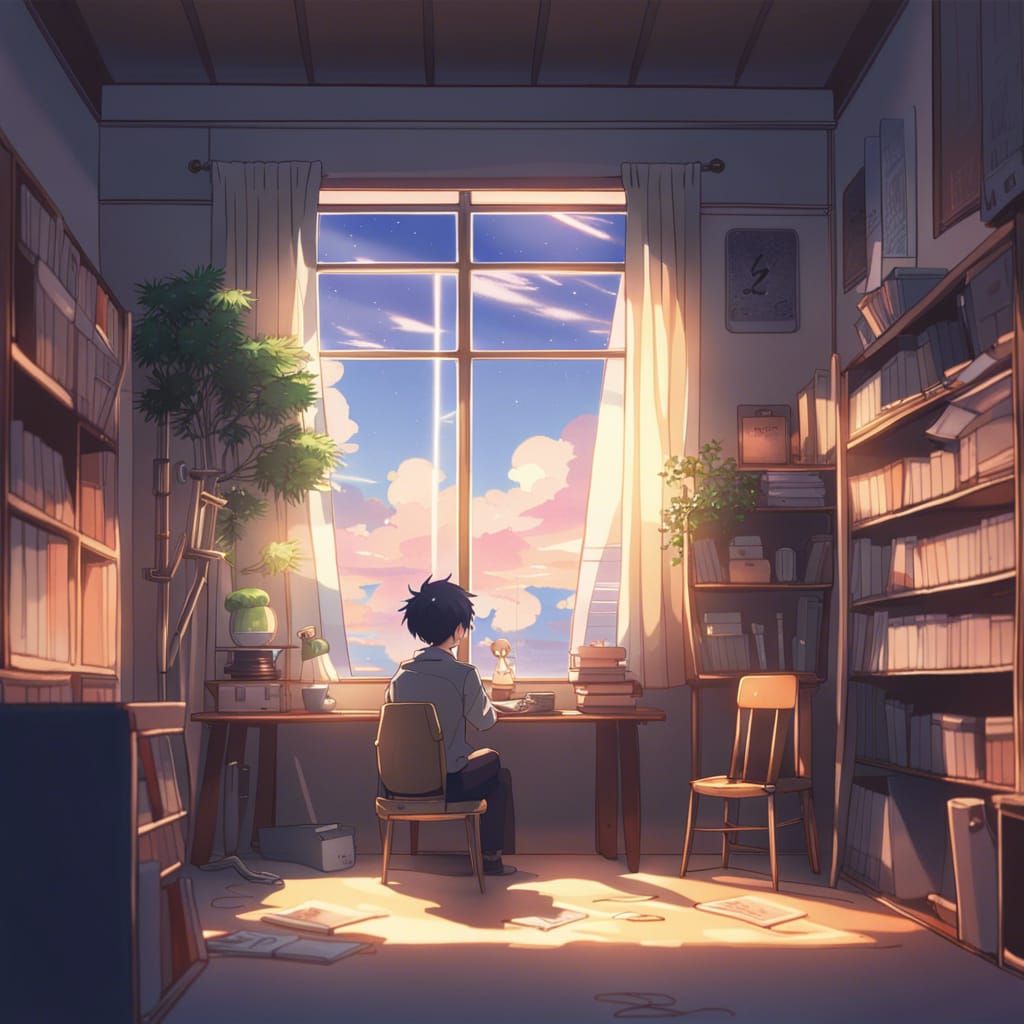 Anime Style Study Room with Boy Looking Out Window