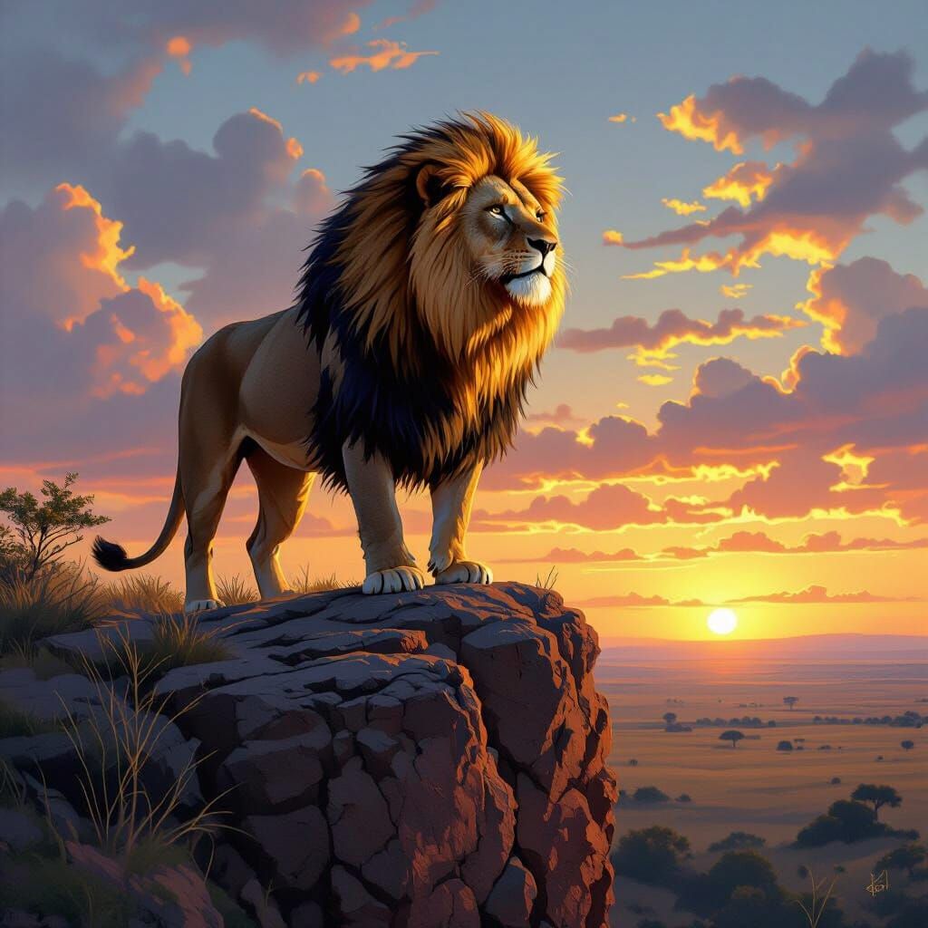 Majestic Lion Overlooking Savanna at Sunset