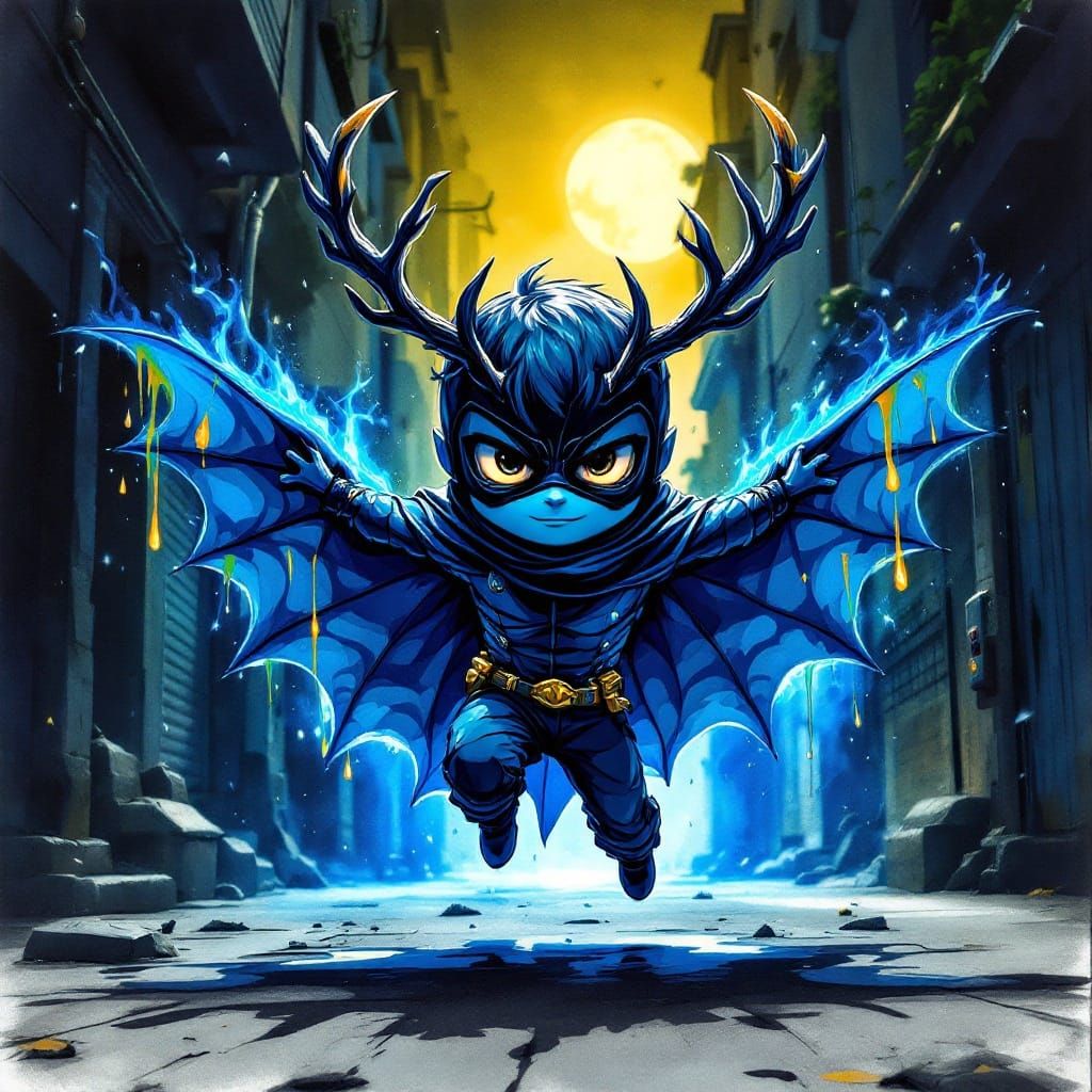 Cyberpunk Chibi Hero Spreads Wings in Dark Alley