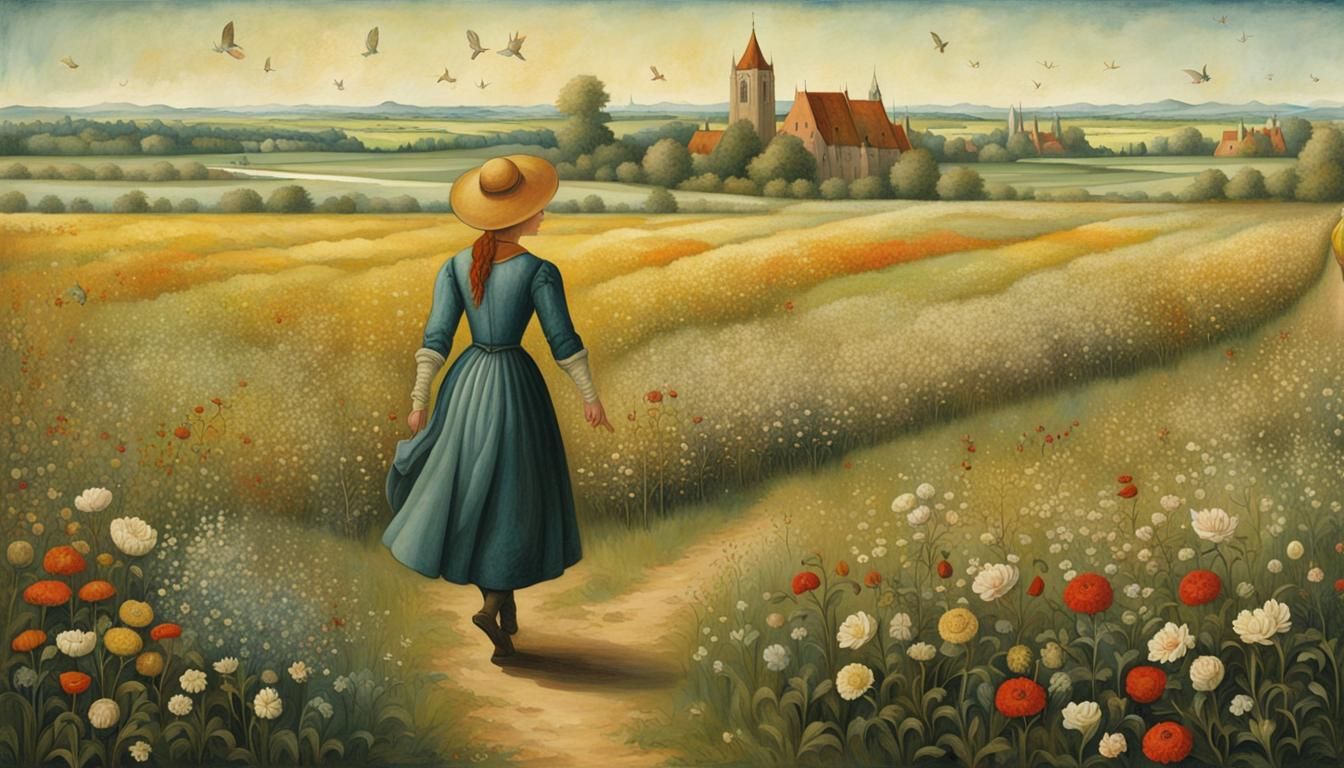 Young Woman in Flower Field, Hieronymus Bosch Style