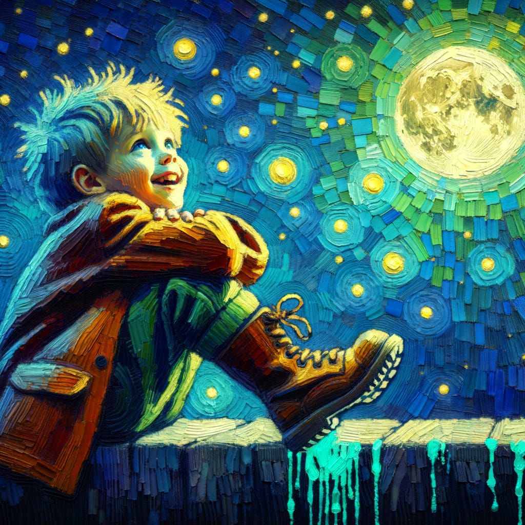 Child Gazing at Moon in Impressionistic Style