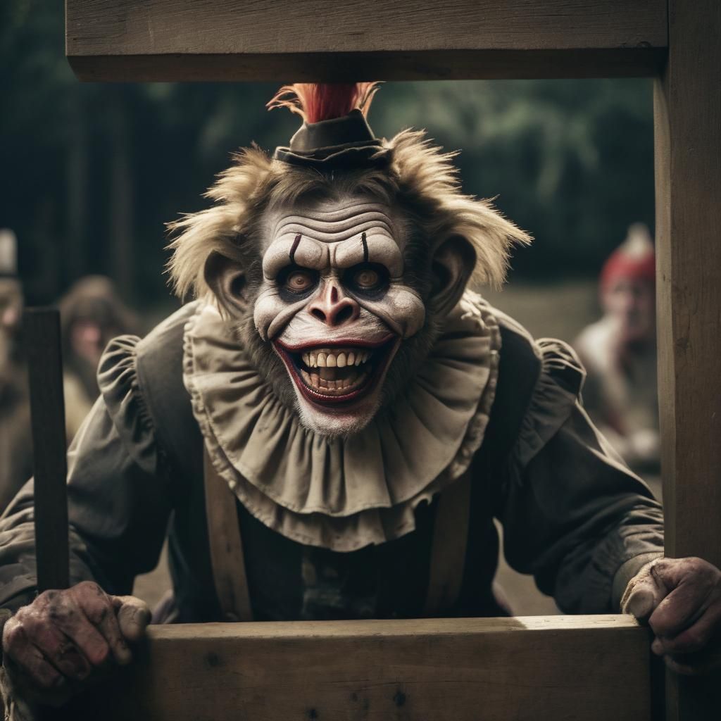 Zombie Monkey Pilgrim in Stocks: Cinematic Still