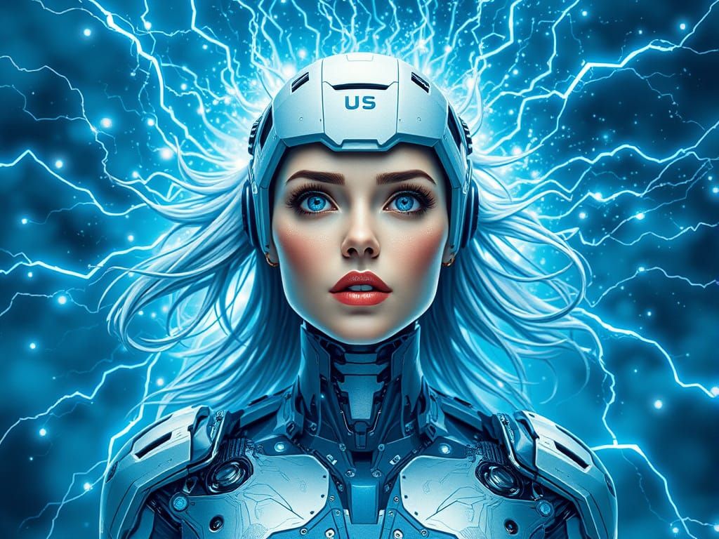 Cyborg Goddess Radiates Power in a Whirlwind of Blue Electri...