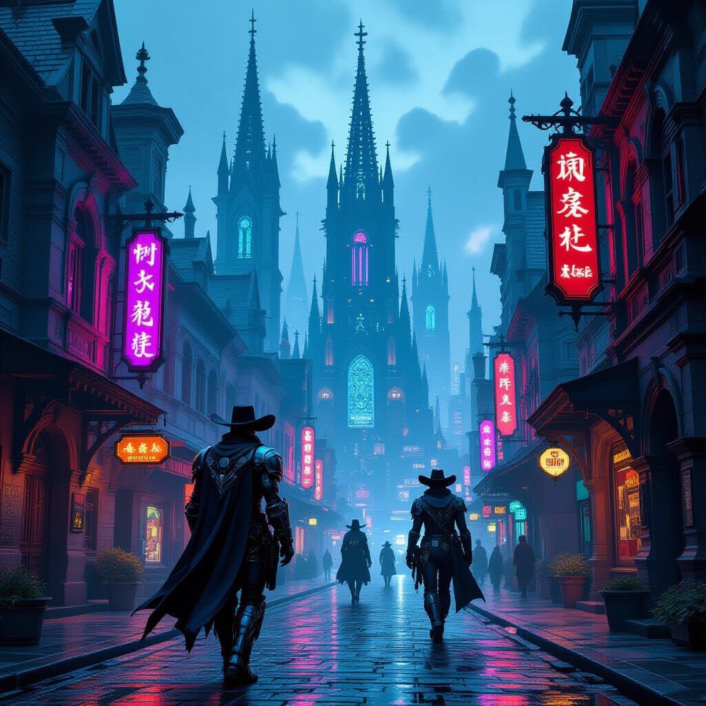 Cyberpunk Medieval City with Cyborg Cowboys