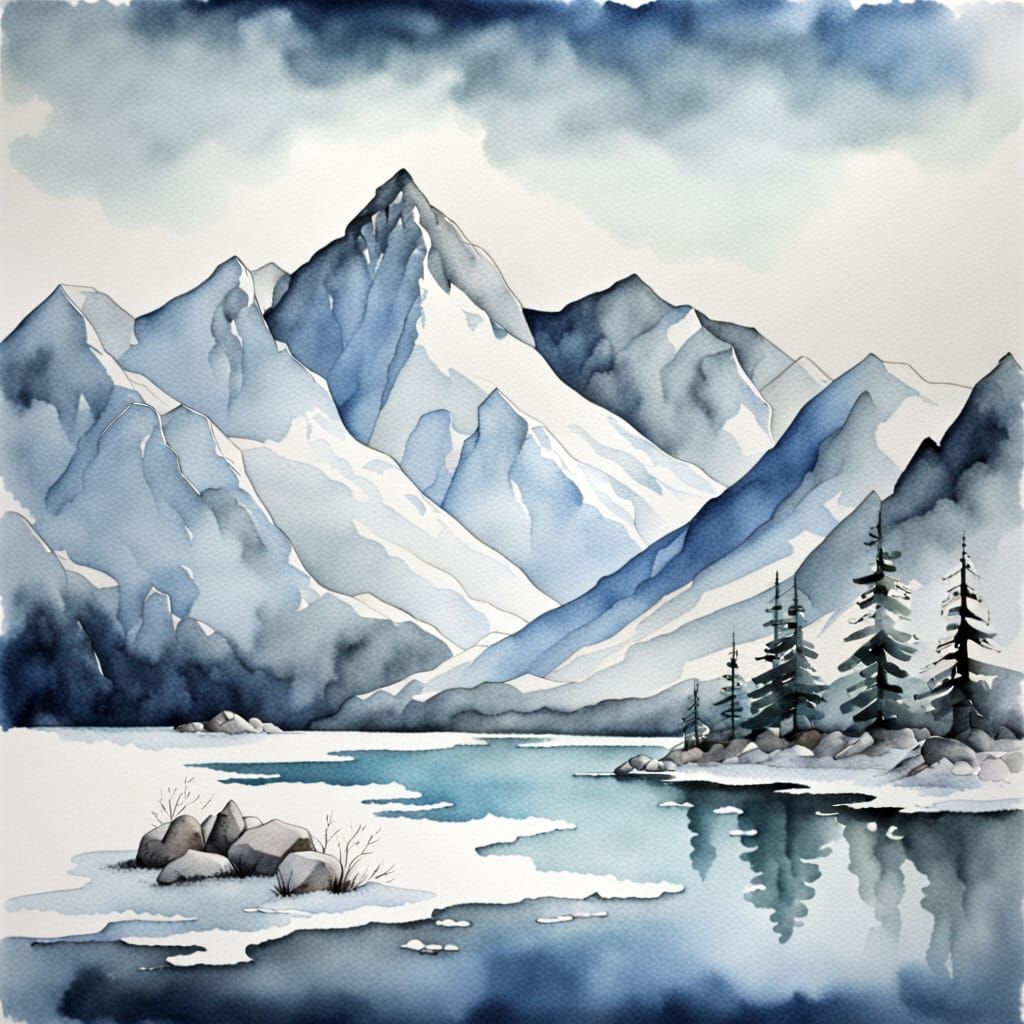 Watercolor Arctic Mountains: A Serene Landscape
