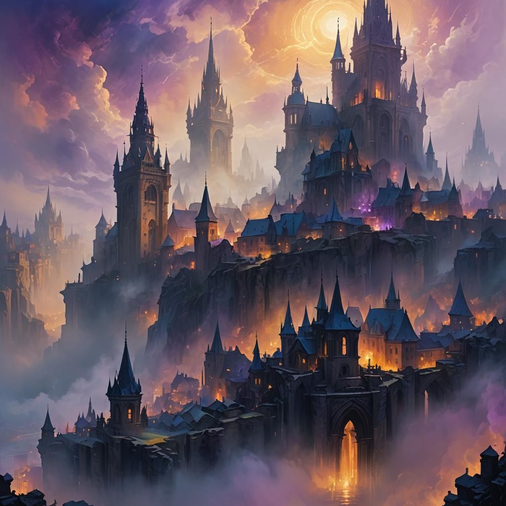 Mystical City Shrouded in Mist: Triadic Oil Painting