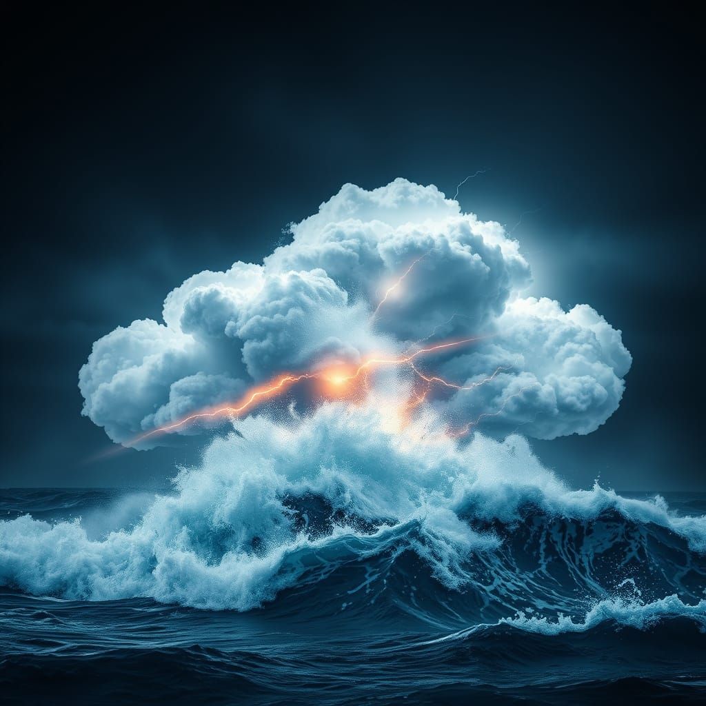 Stormy Ocean Cloud Double Exposure with Inner Lightning