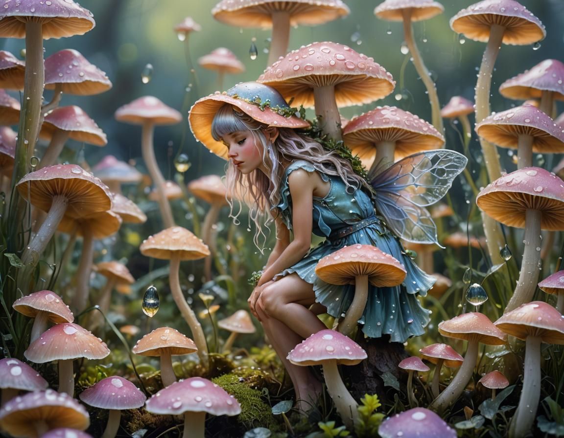 Pastel Mushroom Fairy Macro Photography in Oil Painting Styl...