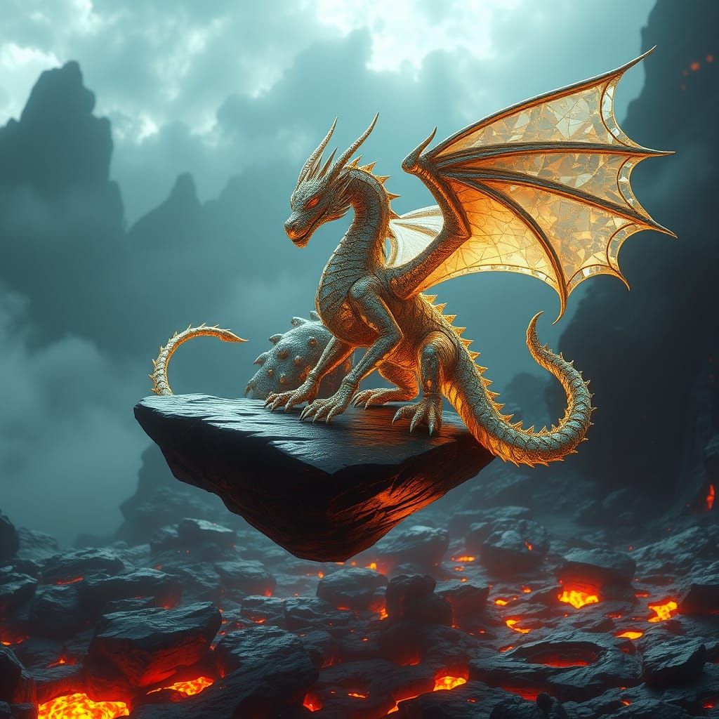 Diamond Dragon on Obsidian Platform, Hyperreal Fantasy Art