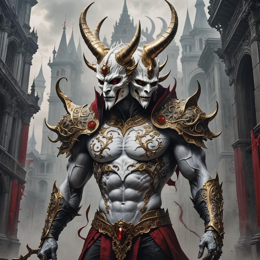 Demonic Creature with Opera Mask in Gothic Setting