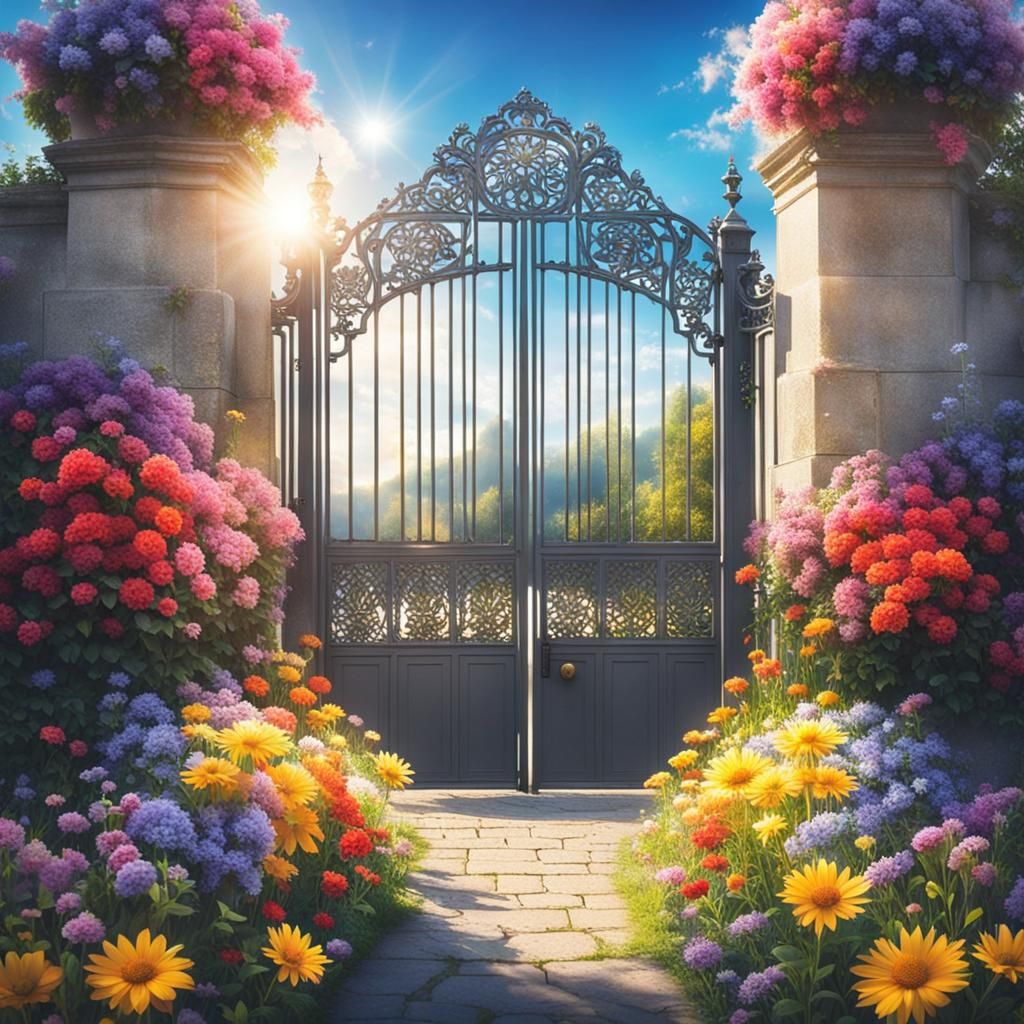 Heavenly Gates Adorned with Colorful Flowers