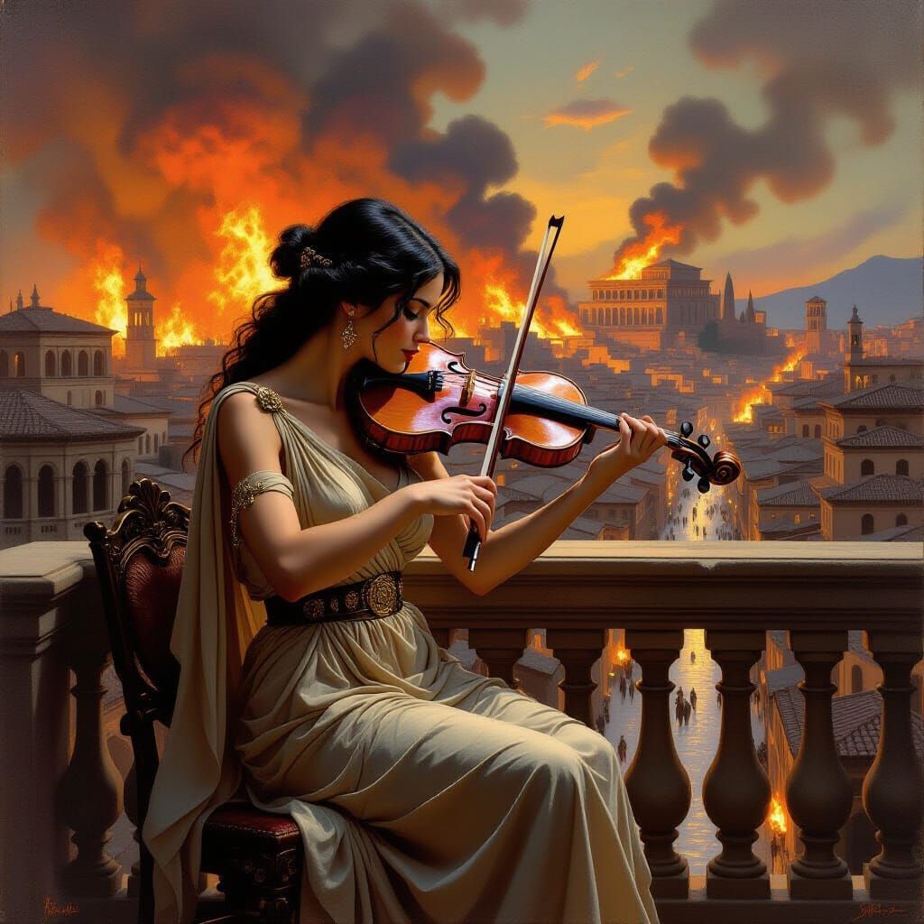 Woman Plays Violin as Rome Burns: Fantasy Oil Painting