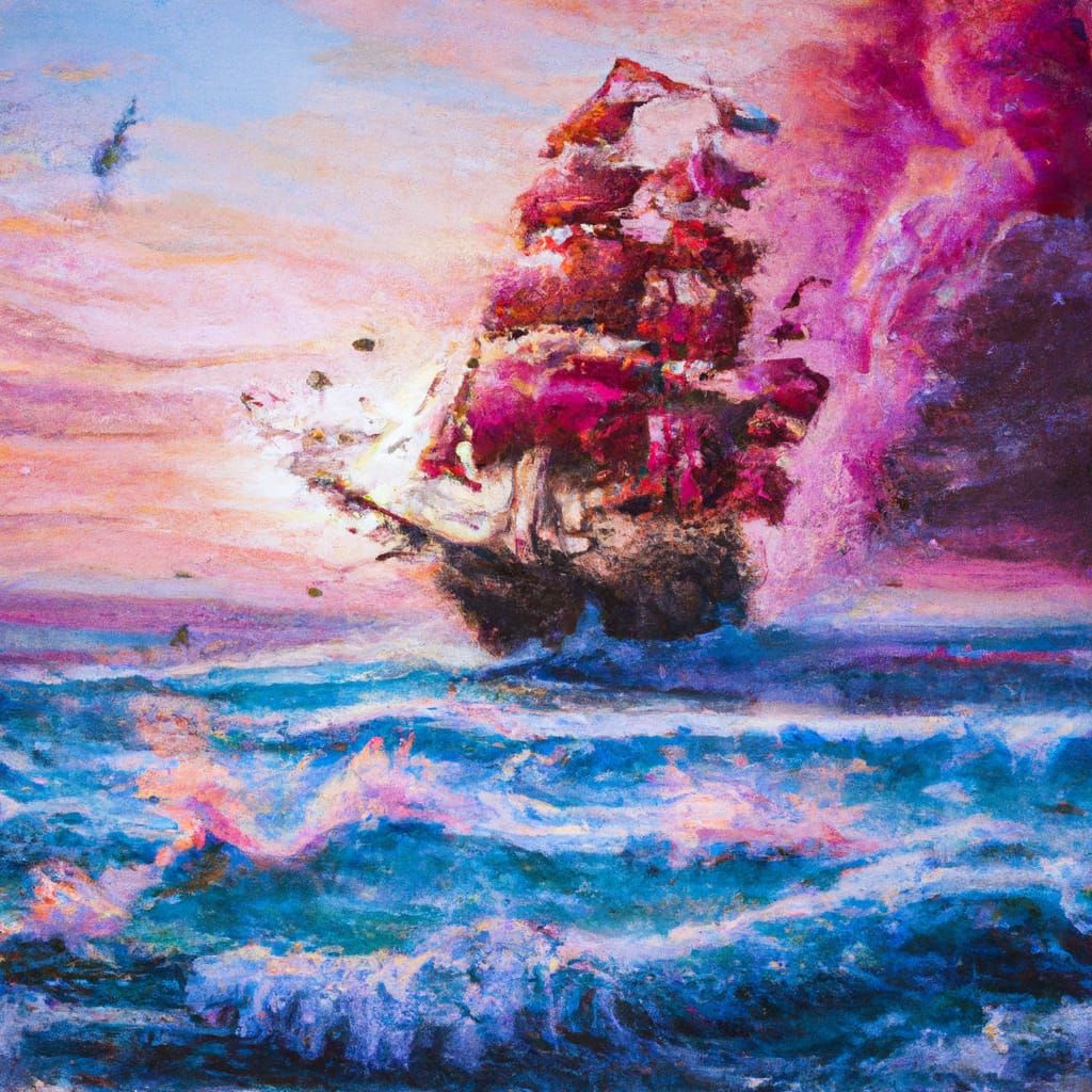 Pirate Ship Battle at Pink Sunrise: Oil Painting