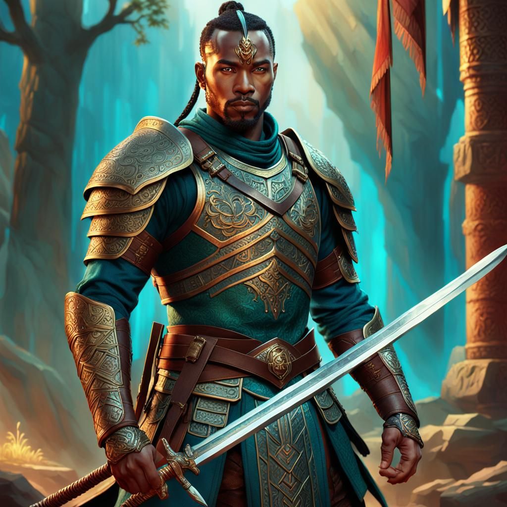 Fantasy Biracial Warrior with Sword, Detailed Matte Painting
