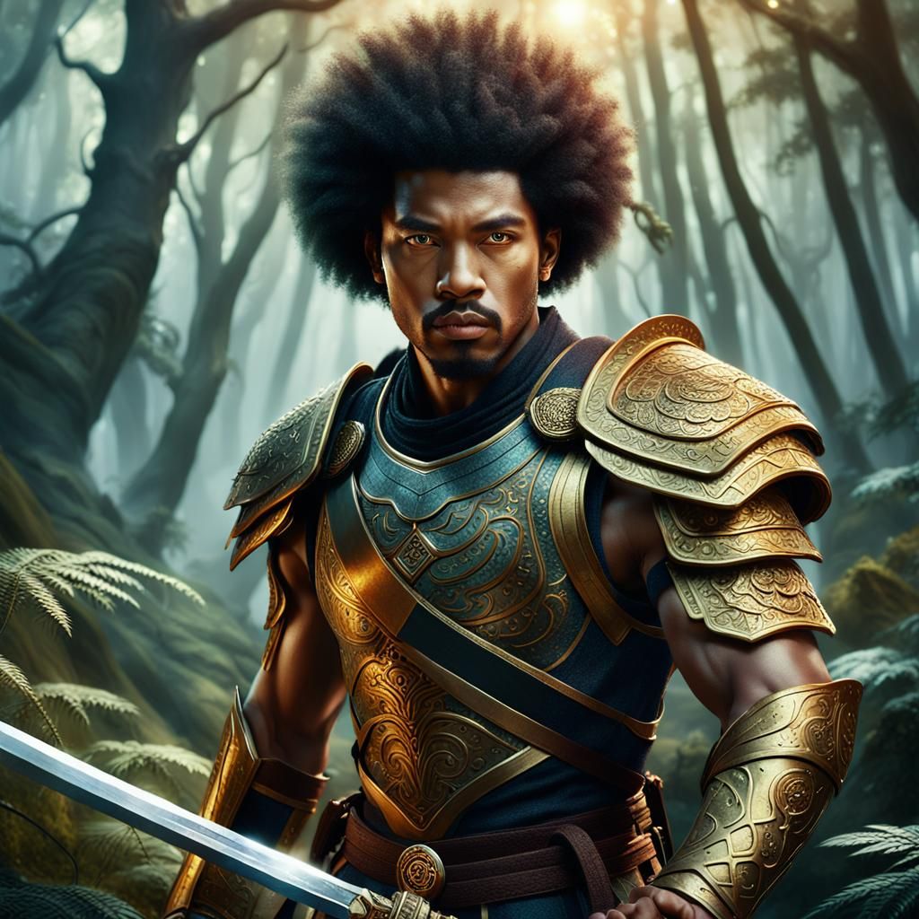 Mystical Forest Battle: Afro-Asian Warrior Portrait
