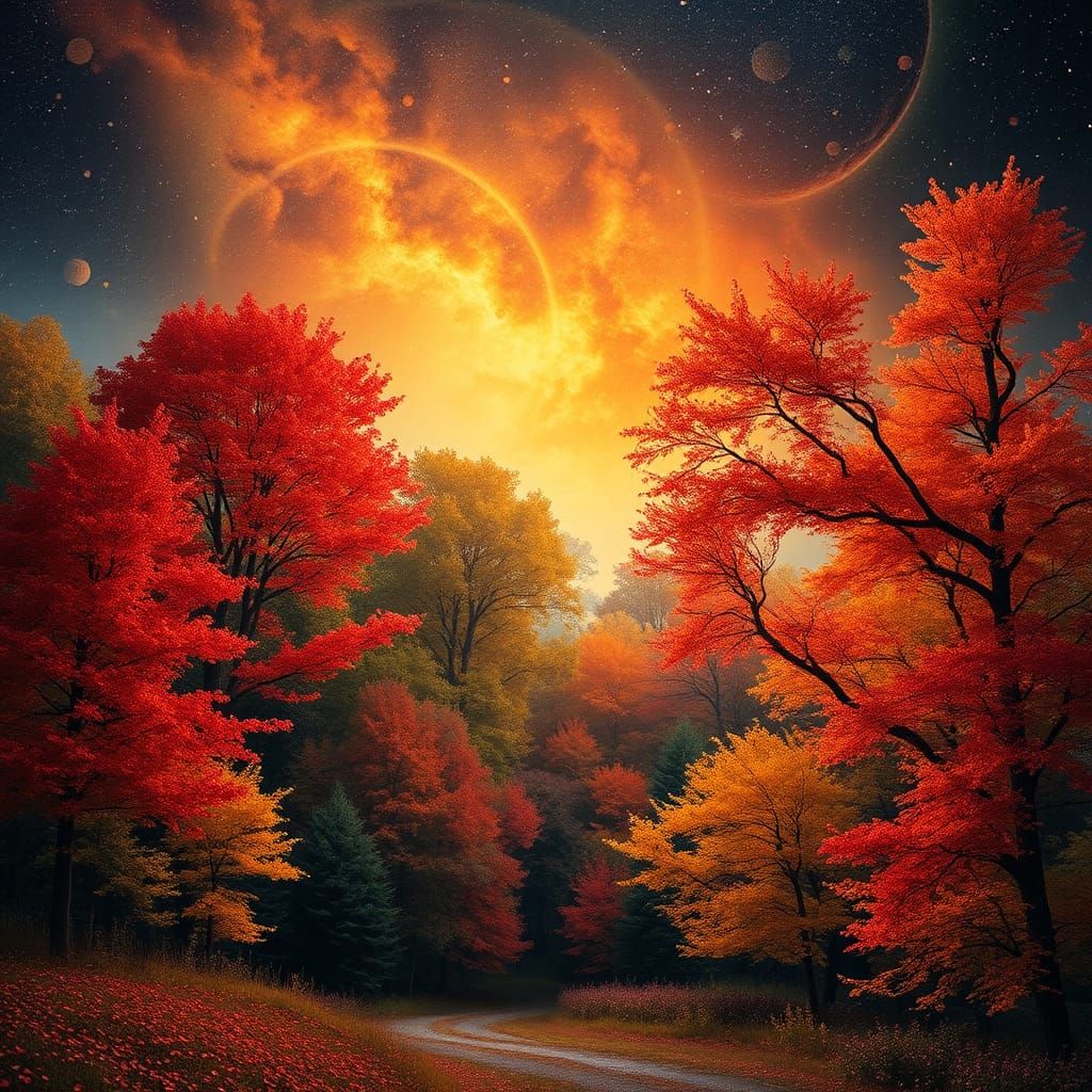 Vibrant Autumnal Scene in Cosmic Illustration Style