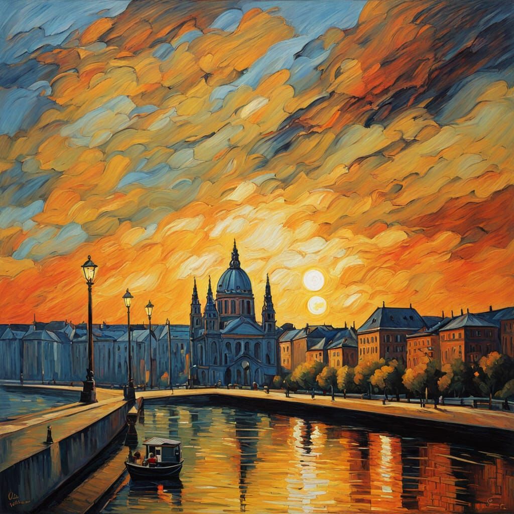 Vibrant Budapest Cityscape at Sunset, Neo-Impressionist Oil ...