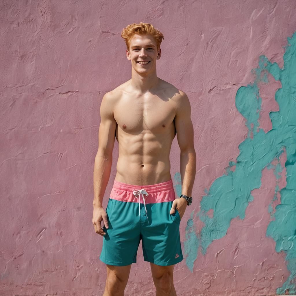 Shirtless Athlete Portrait With Pink and Teal Wall
