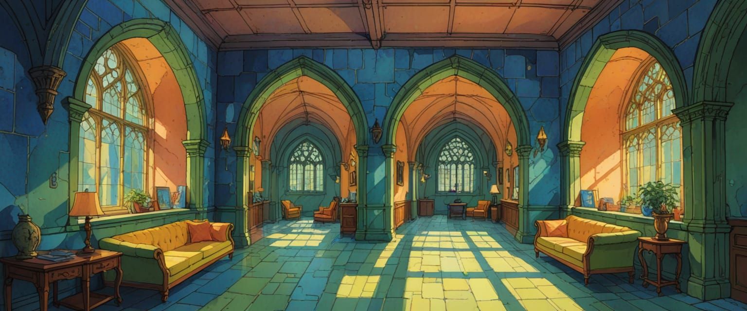 Hogwarts Passageway with Mirrors in Watercolor Style