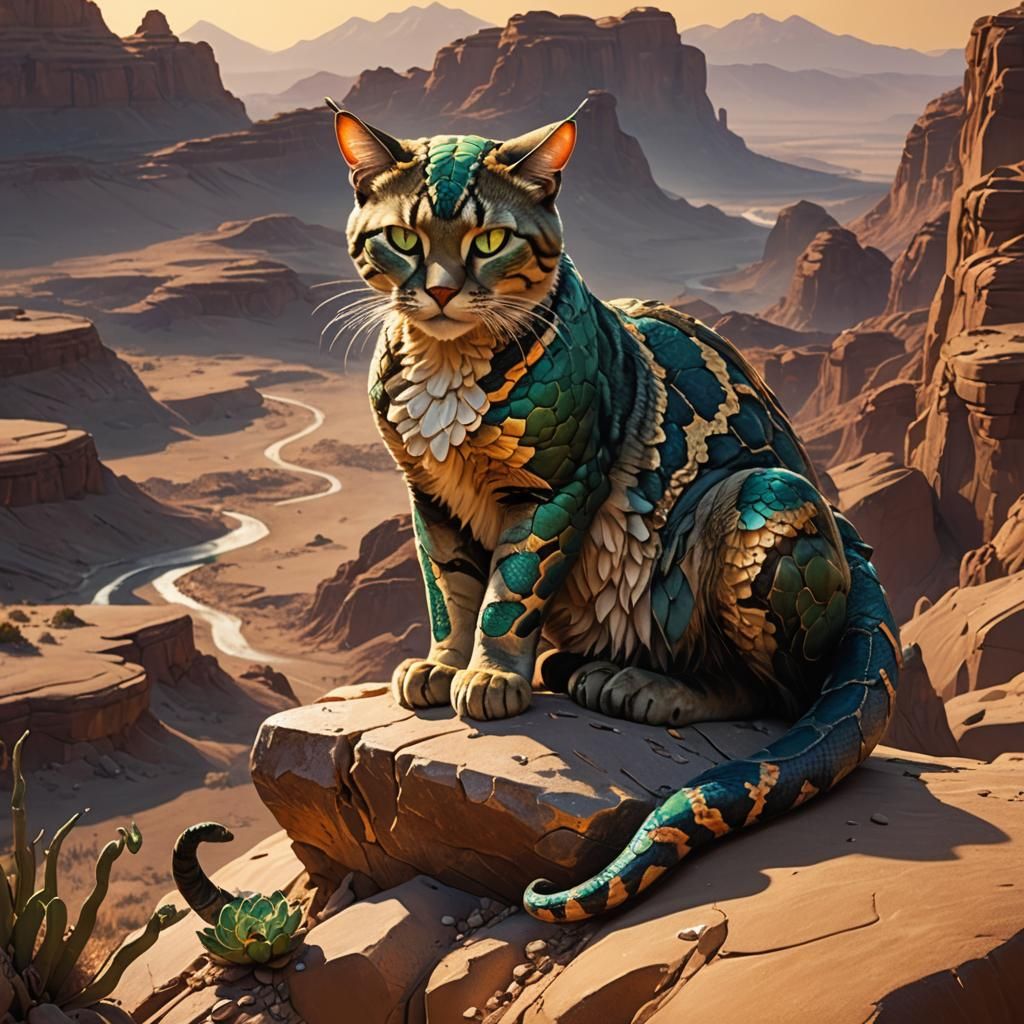 Mystical Snake-Cat Hybrid in Desert Landscape
