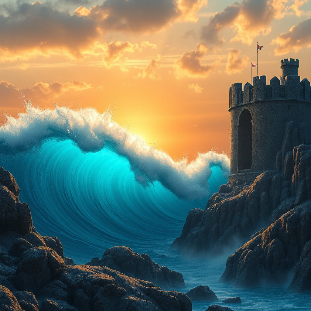 Surreal Wave Crashes on Ancient Towers