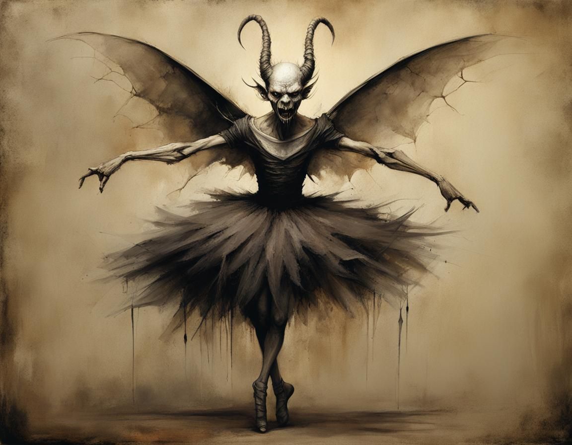 Sinister Demon Ballerina Illustration in Sepia Tones