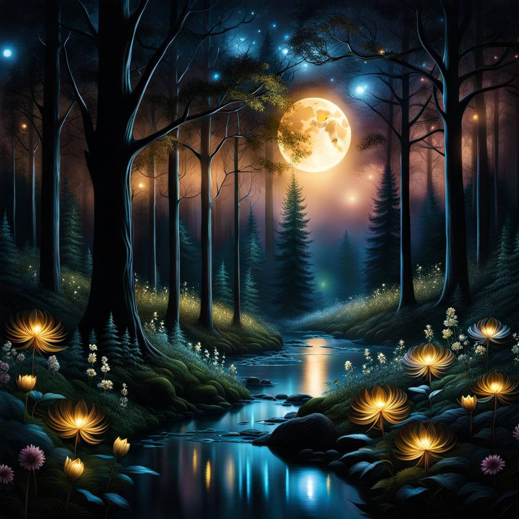 Mysterious Night Forest with Glowing Flowers