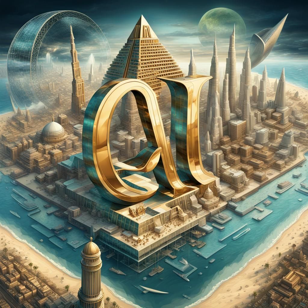 Atlantis Golden Age Letter Q: Metallic Futuristic Art