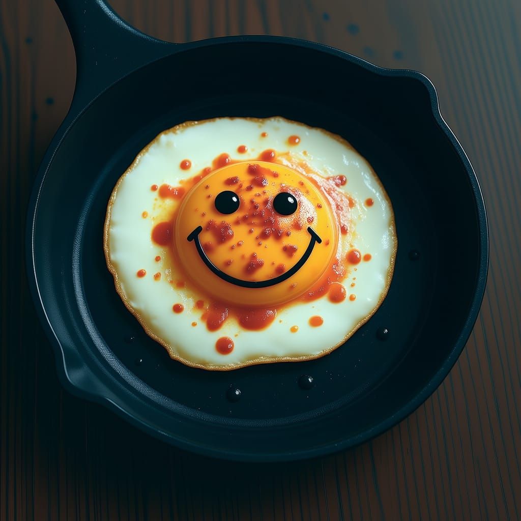 Smiling Egg in Pan: Concept Art with Dynamic Lighting
