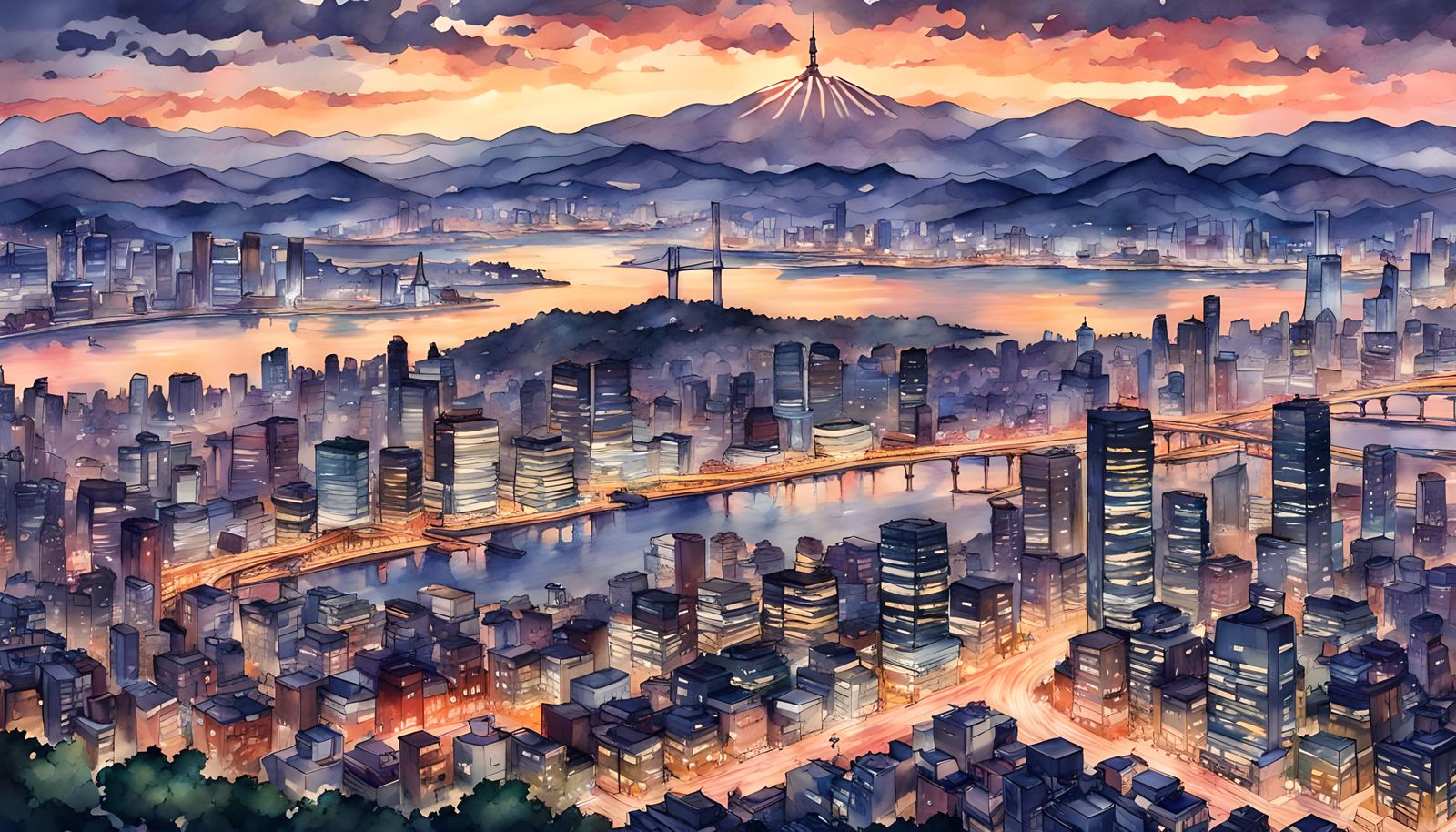 (Realistic Anime) Sunset View Of Seoul Korea