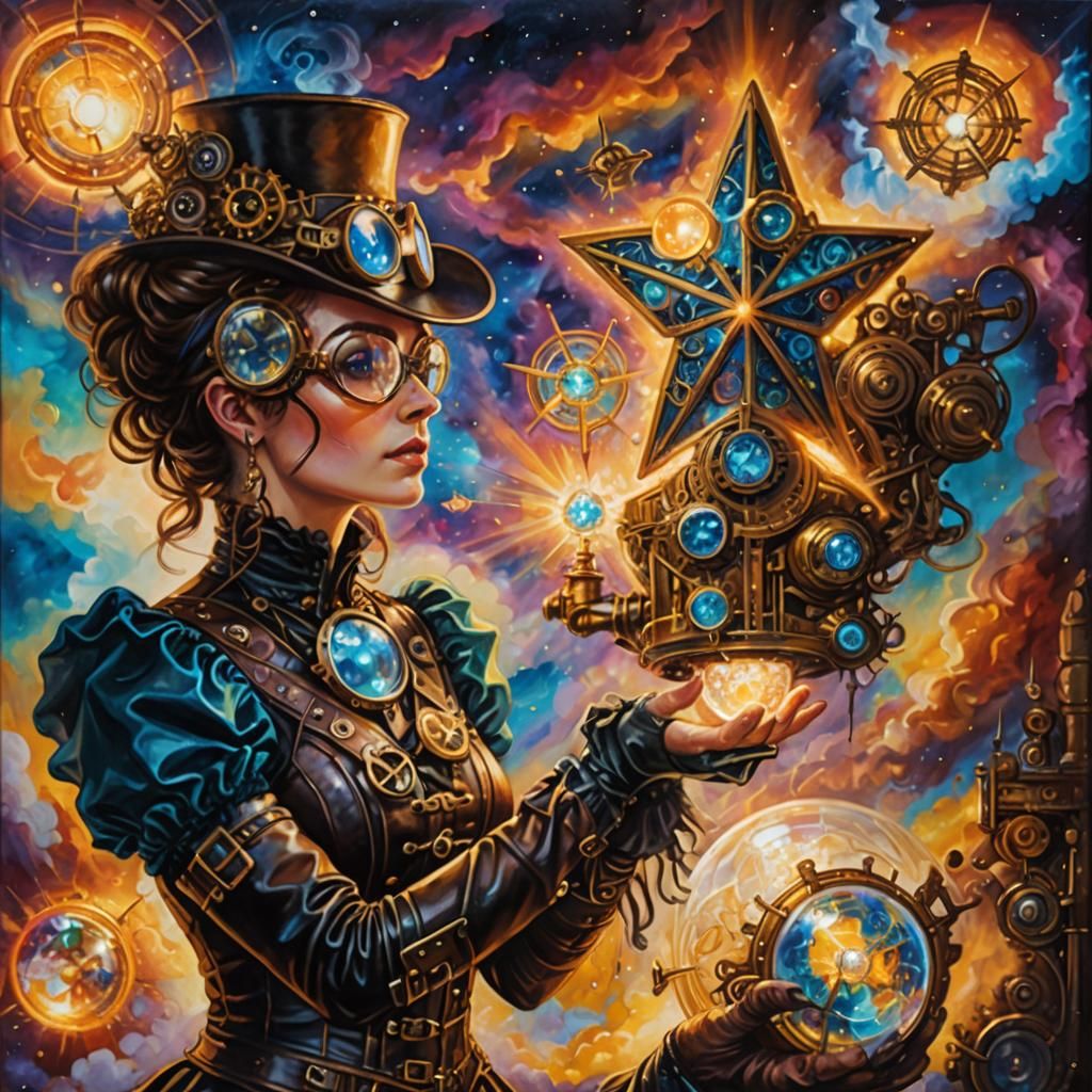 Steampunk Woman with Glowing Orb in Astral Clouds