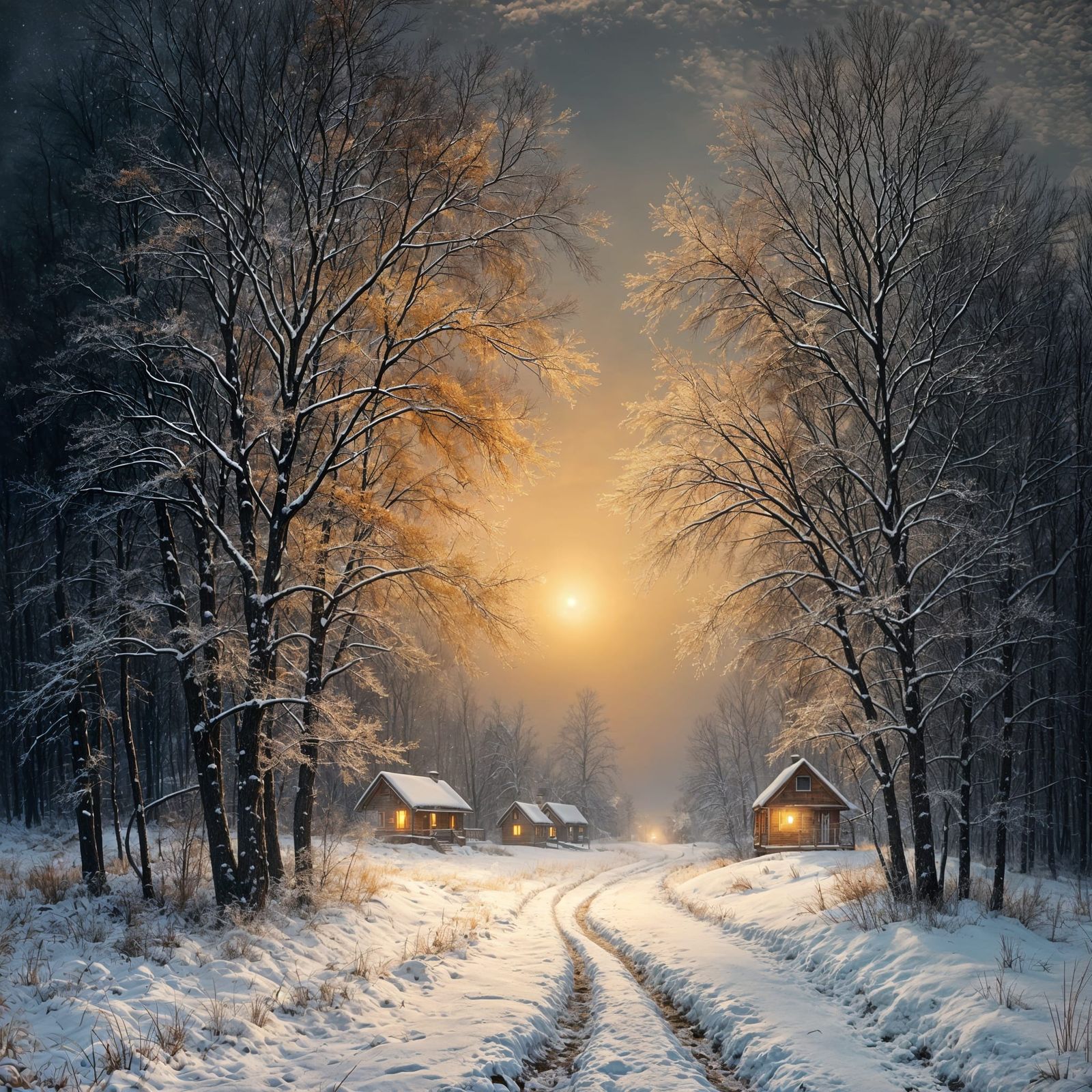 Ethereal Winter Night Landscape with Snow and Soft Light