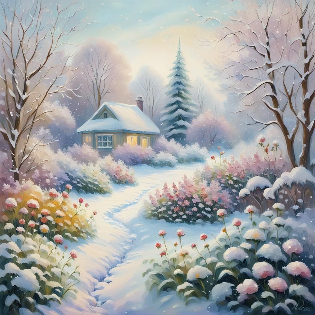Impressionist Winter Garden Scene with Snow-Covered Flowers