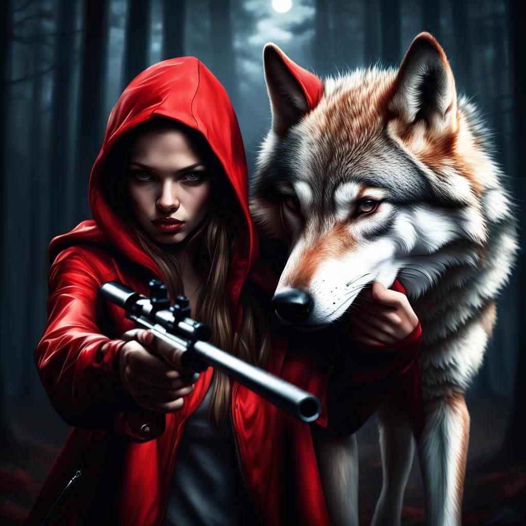 Girl in Red Hood Aims Rifle at Wolf