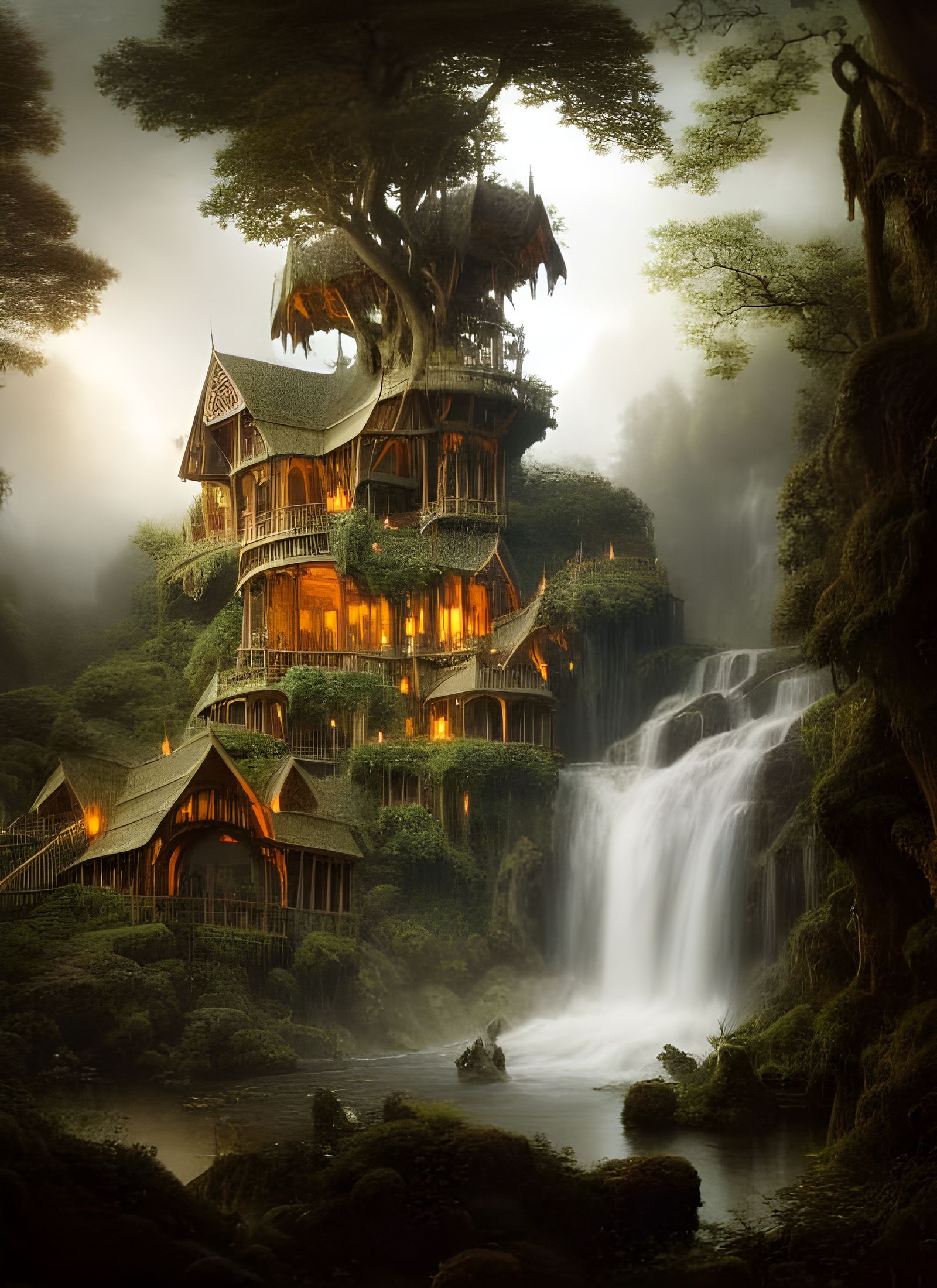Moonlit Rivendell Treehouse by Waterfall